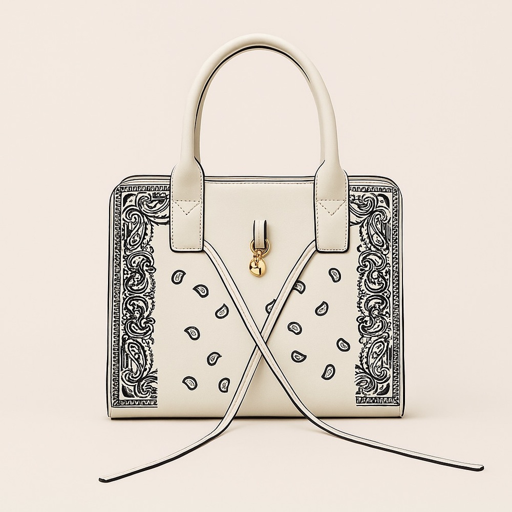 Elegant Cream  paisley Handbag with Black Accents